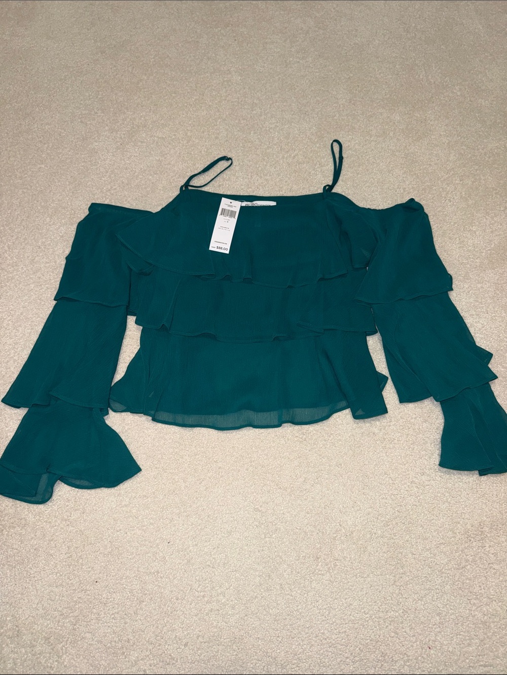 BCBGeneration Teal Layered Ruffle Off-Shoulder Blouse with Spaghetti Straps